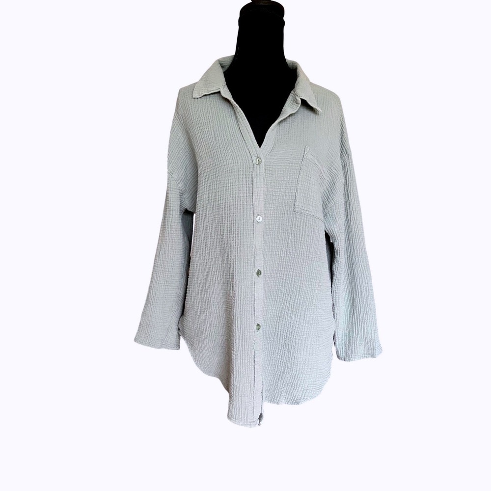 Kona Sol Womens Sage Green Gauze Button Down Shirt Long Sleeve Relaxed Fit M